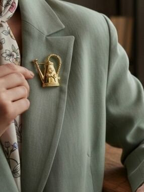 1928 Jewelry Gold Tone Watering Can Brooch Pearl Rhinestone